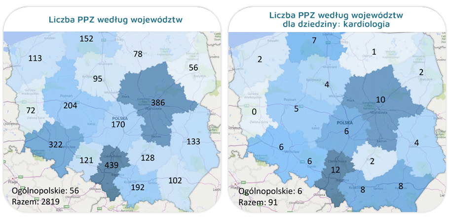 Grafika przedstawia liczbę PPZ - według województw 