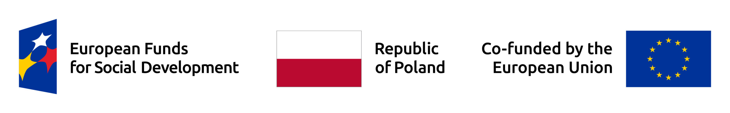 Trzy logotypy: Fundusze Europejskie na rzecz Rozwoju Społecznego (abstrakcyjne kształty), flaga Polski z napisem Rzeczpospolita Polska oraz flaga UE z napisem Współfinansowane przez Unię Europejską. Każde logo jest wyświetlane z odpowiednim tekstem na białym tle.