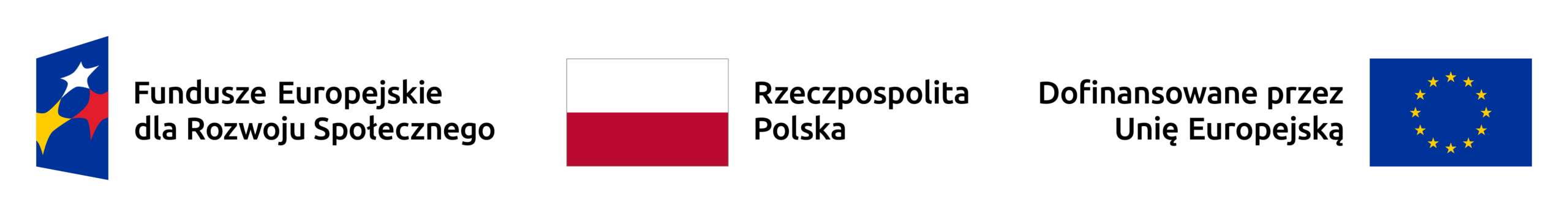 Trzy logo: po lewej – niebiesko-żółta grafika przedstawiająca gwiazdę wraz z napisem w języku polskim „Fundusze Europejskie dla Rozwoju Społecznego”; pośrodku – flaga Polski i napis „Rzeczpospolita Polska”; po prawej – flaga UE i napis „Dofinansowane przez Unię Europejską”.